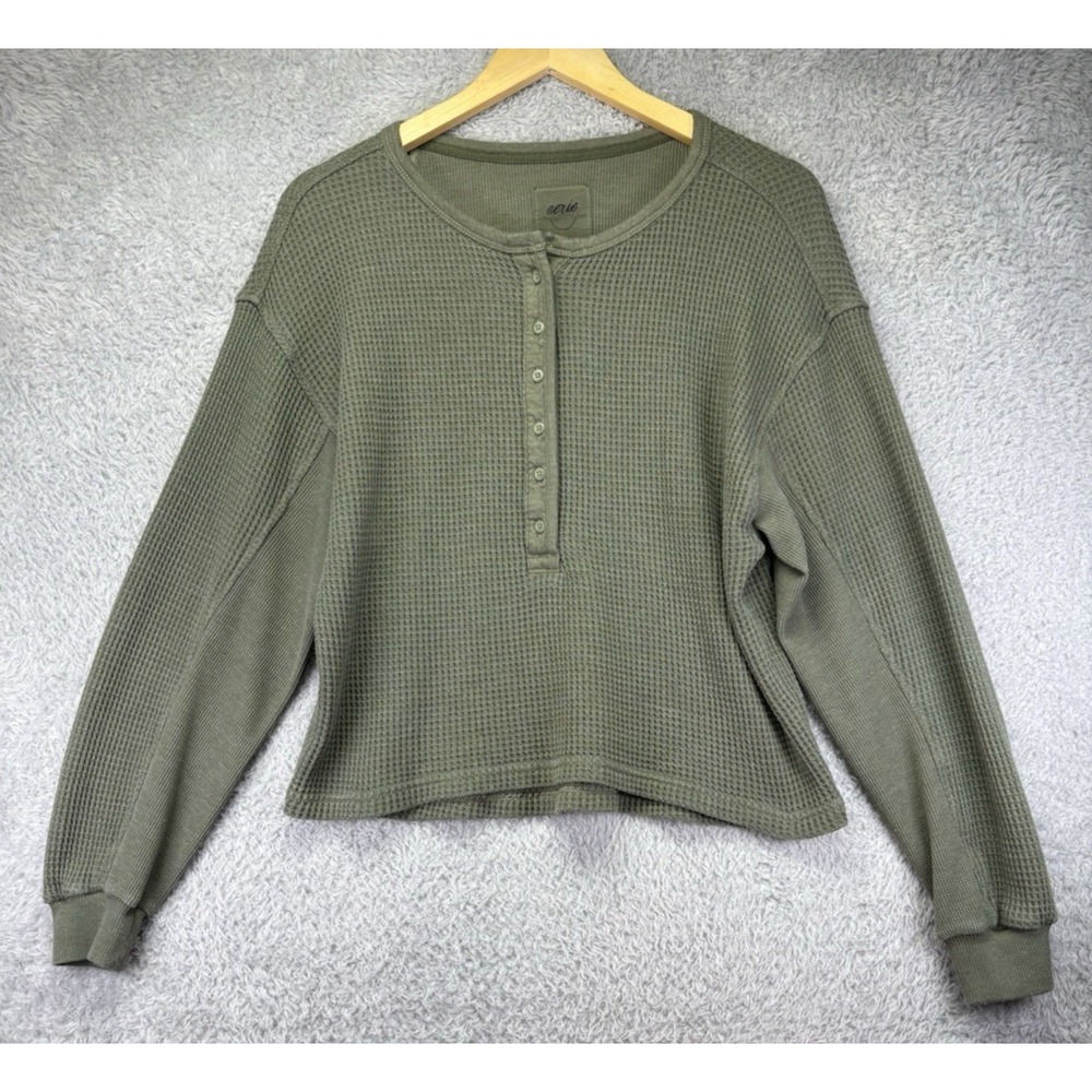Aerie Womens Henley Top Size XS Green Thermal Waffle Knit Casual Boho Boxy